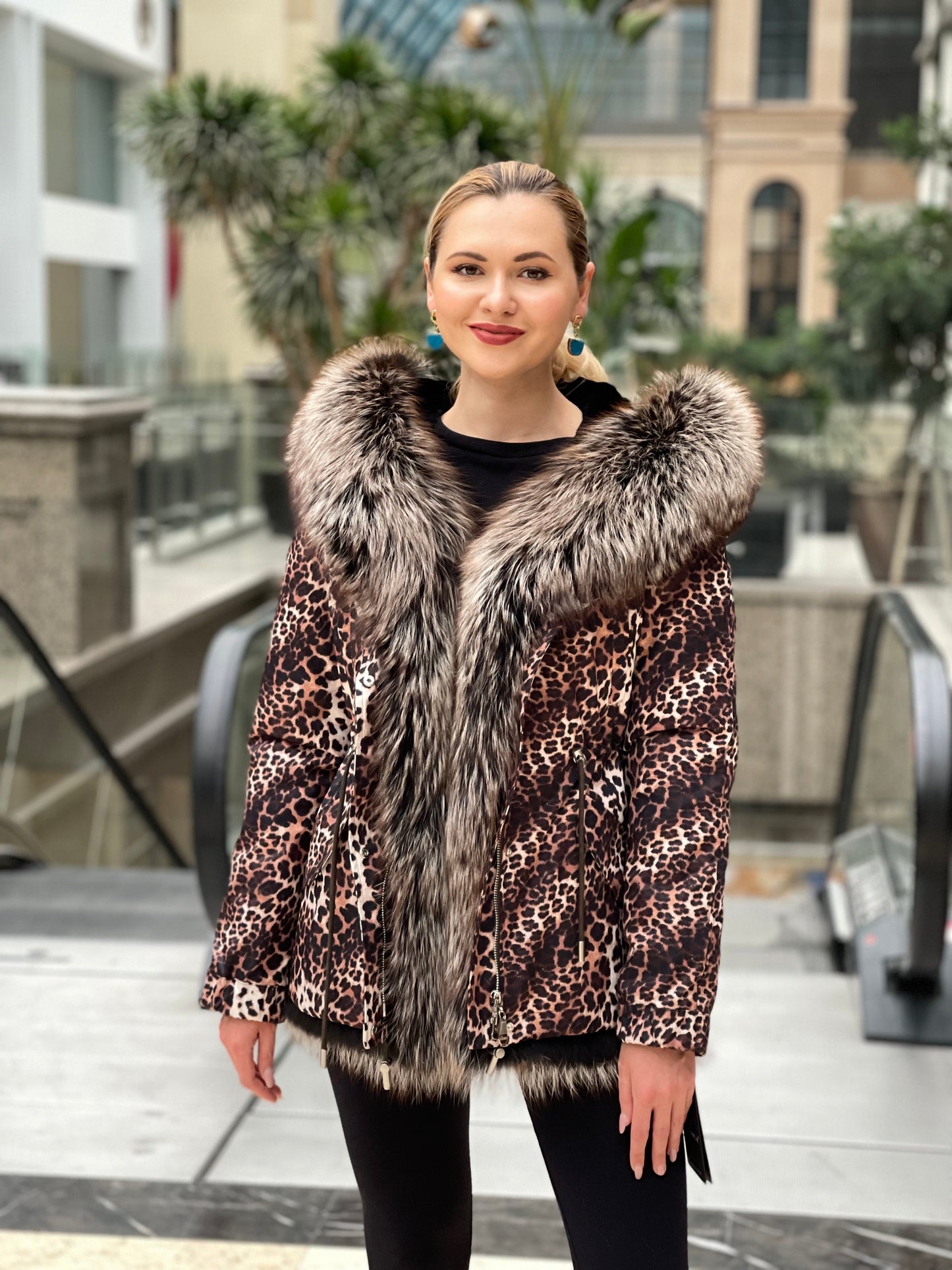 Leopard Genuine Silver Fox Fur Parka with Rabbit Fur Insulation