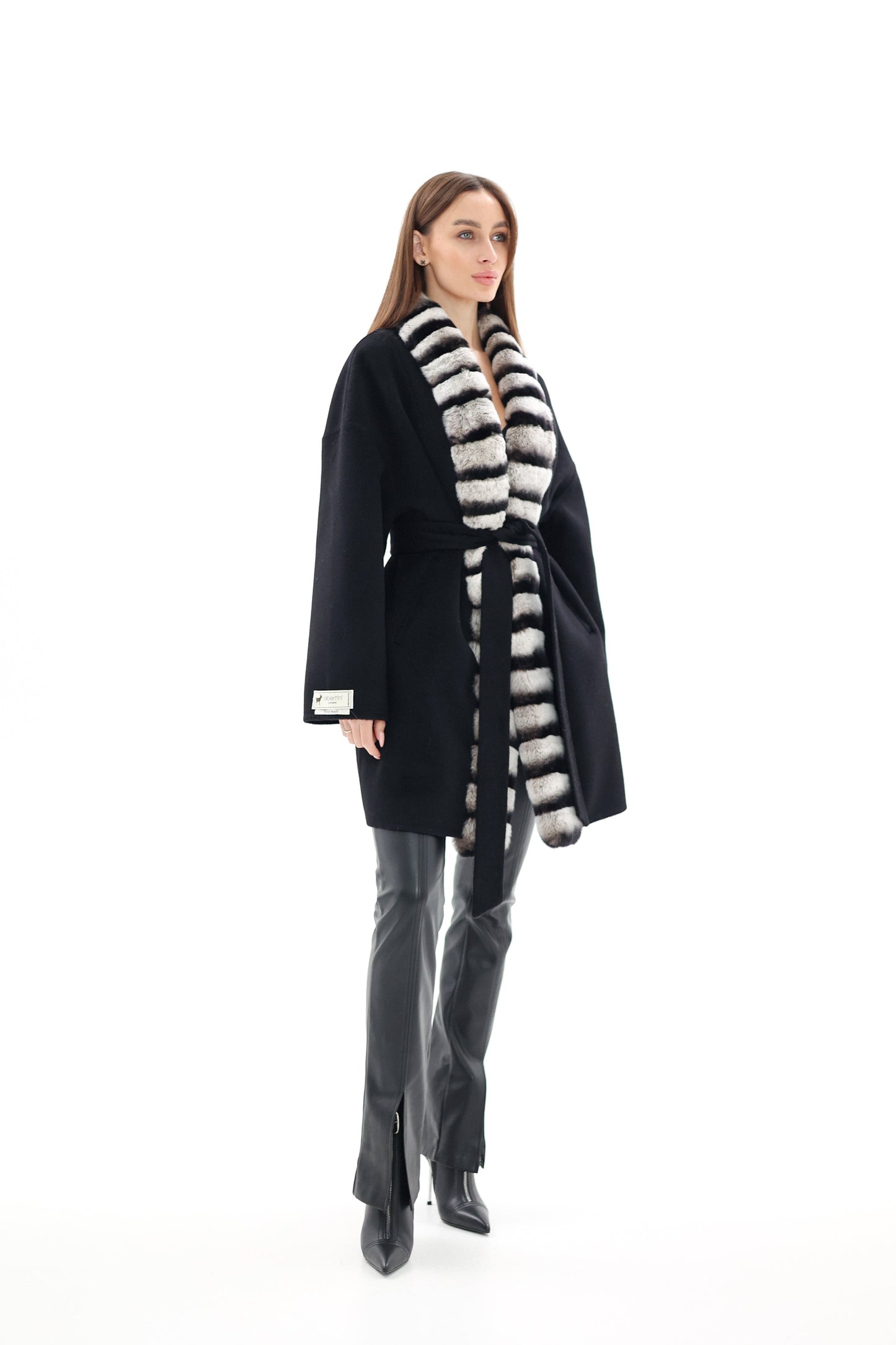 Genuine  French Orylag Fur Italian Cashmere Wool Coat 85cm