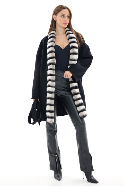 Genuine  French Orylag Fur Italian Cashmere Wool Coat 85cm