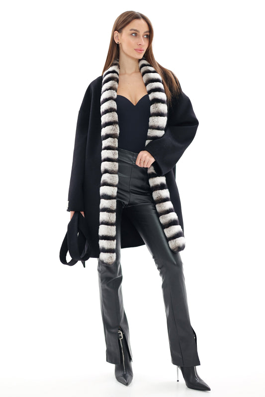 Genuine  French Orylag Fur Italian Cashmere Wool Coat 85cm