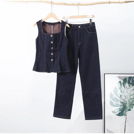 Chic Dark Wash Denim Set 0