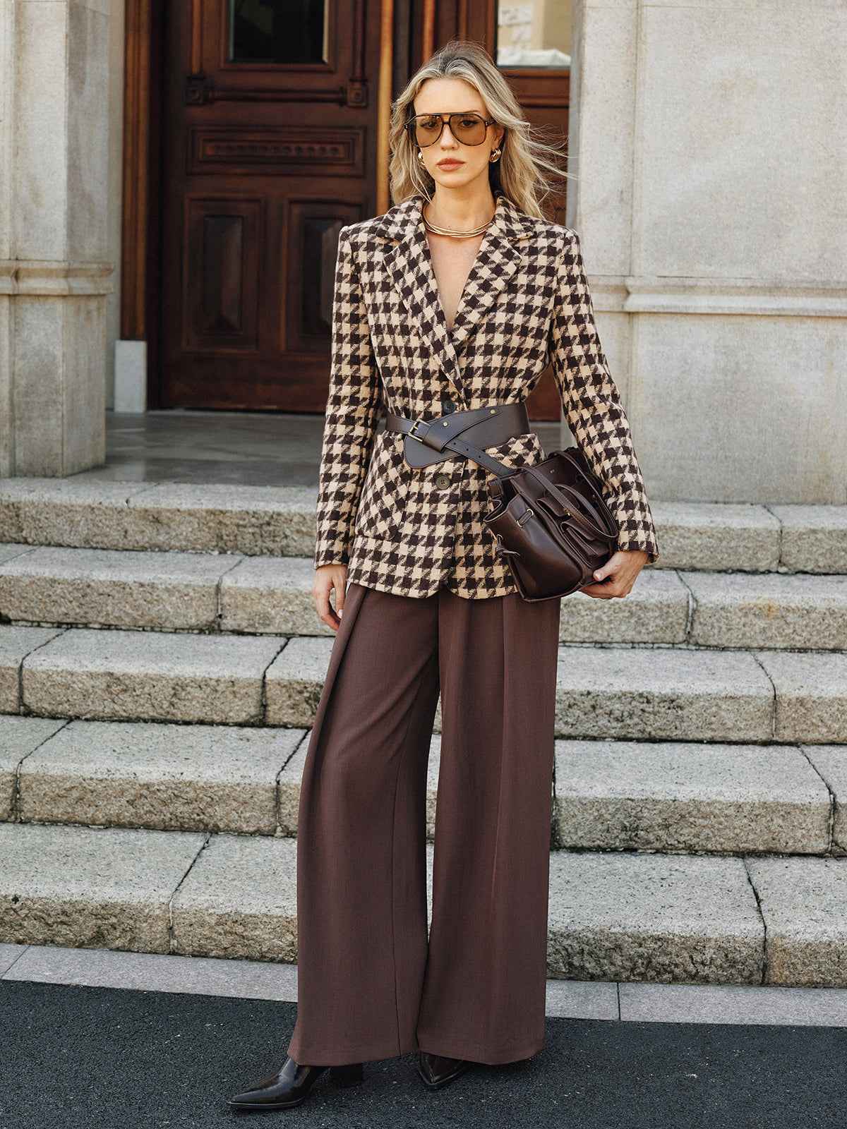 Classic Houndstooth Blazer | Belted Design with Long Sleeves 0