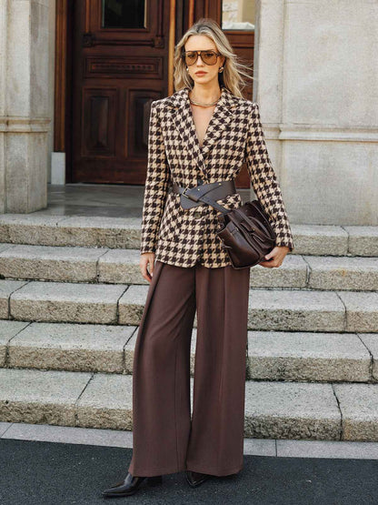 Classic Houndstooth Blazer | Belted Design with Long Sleeves 0