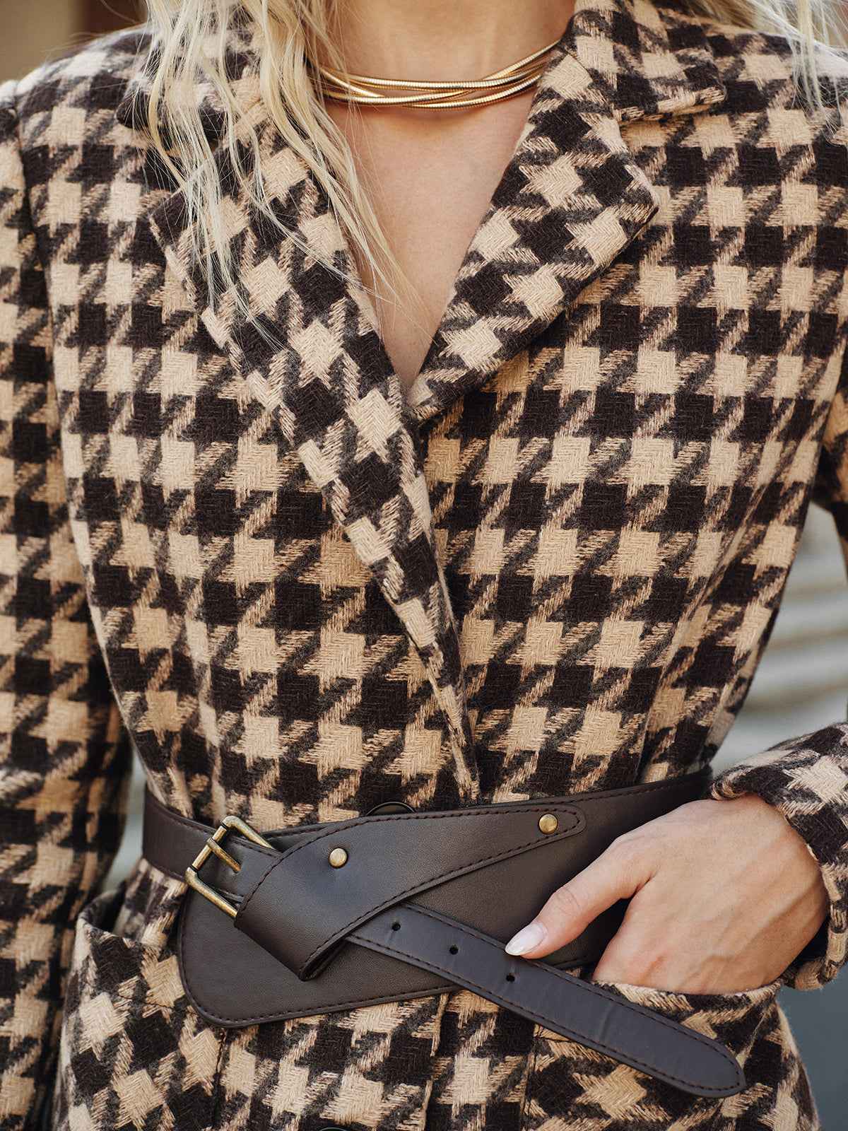 Classic Houndstooth Blazer | Belted Design with Long Sleeves 3