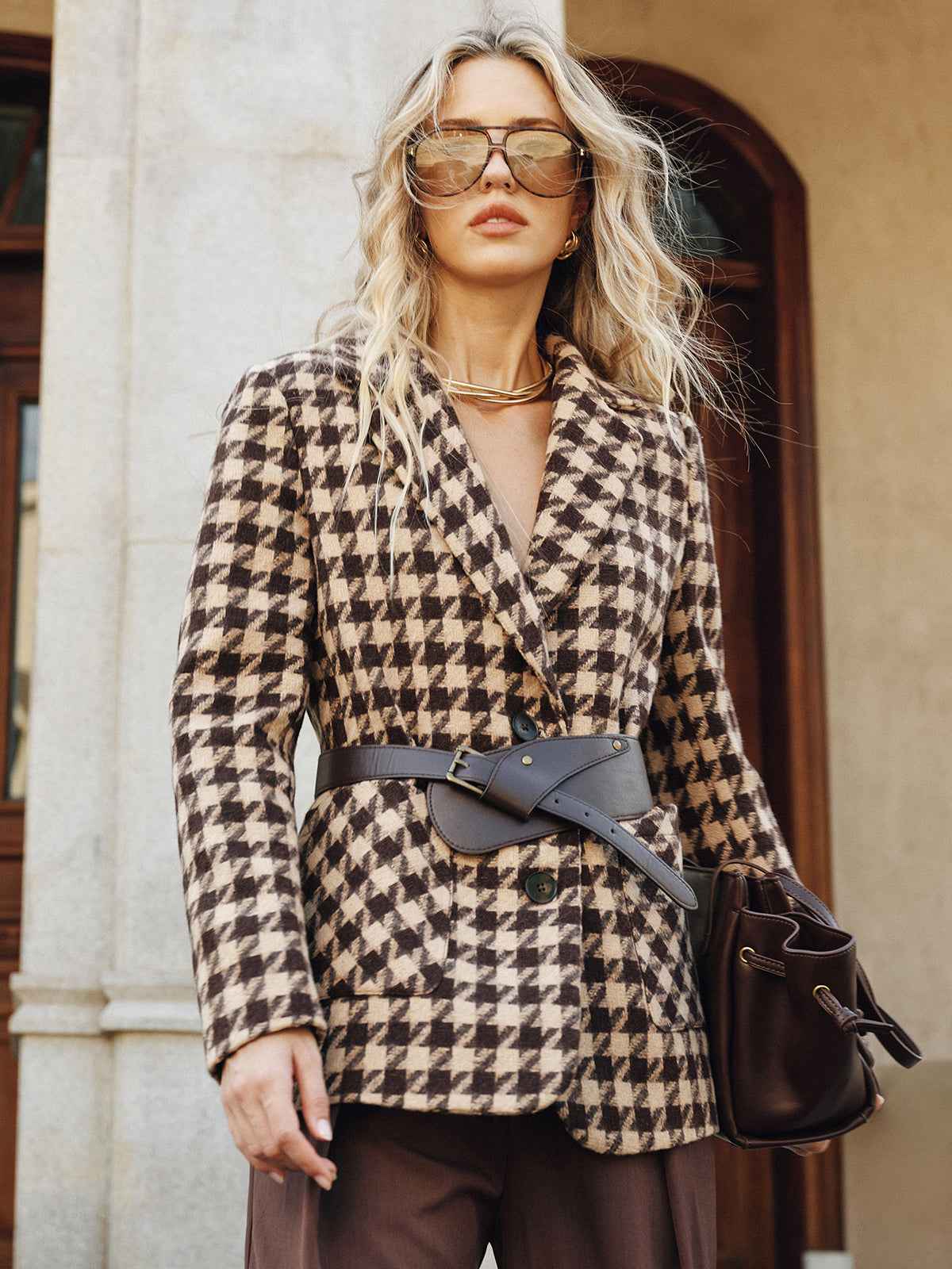 Classic Houndstooth Blazer | Belted Design with Long Sleeves 4