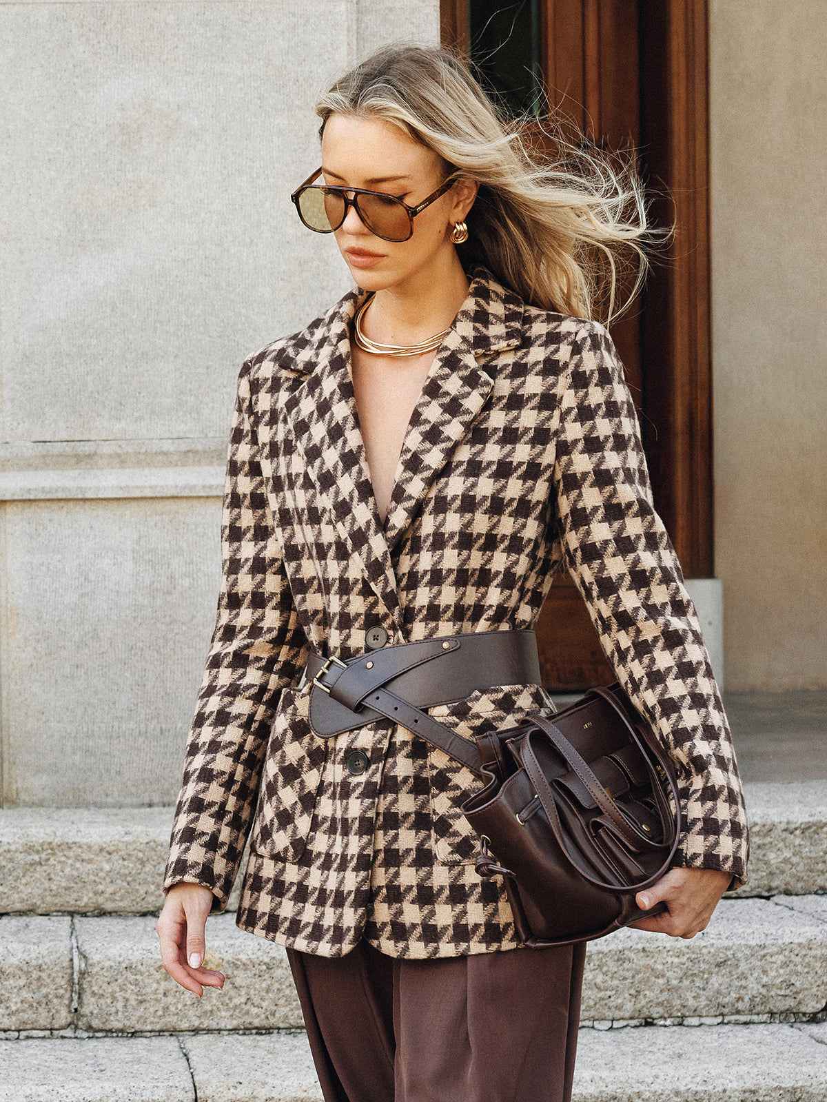 Classic Houndstooth Blazer | Belted Design with Long Sleeves 6