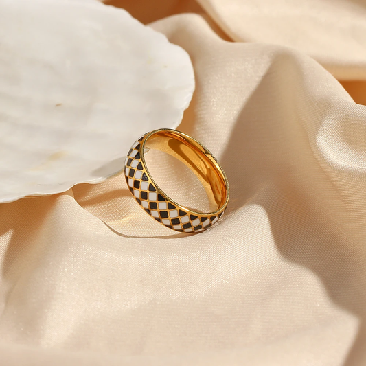 Cleopatra Ring | Hand-Painted Checkered Design in Stainless Steel 0
