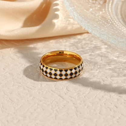 Cleopatra Ring | Hand-Painted Checkered Design in Stainless Steel 1