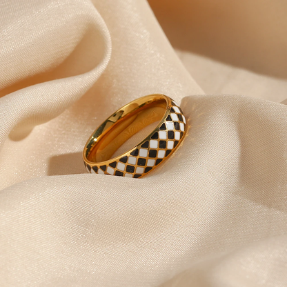 Cleopatra Ring | Hand-Painted Checkered Design in Stainless Steel 3