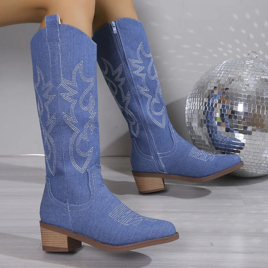 Cowboy Boots for Women | Stylish Blue Denim with Block Heel Comfort 0