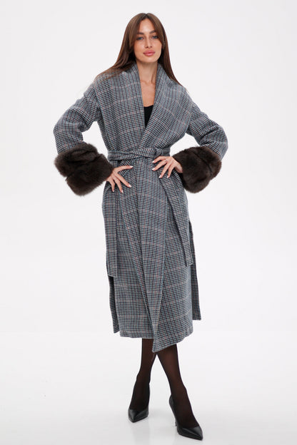 Genuine Polar Fox Fur Virgin Wool Wrap Coat