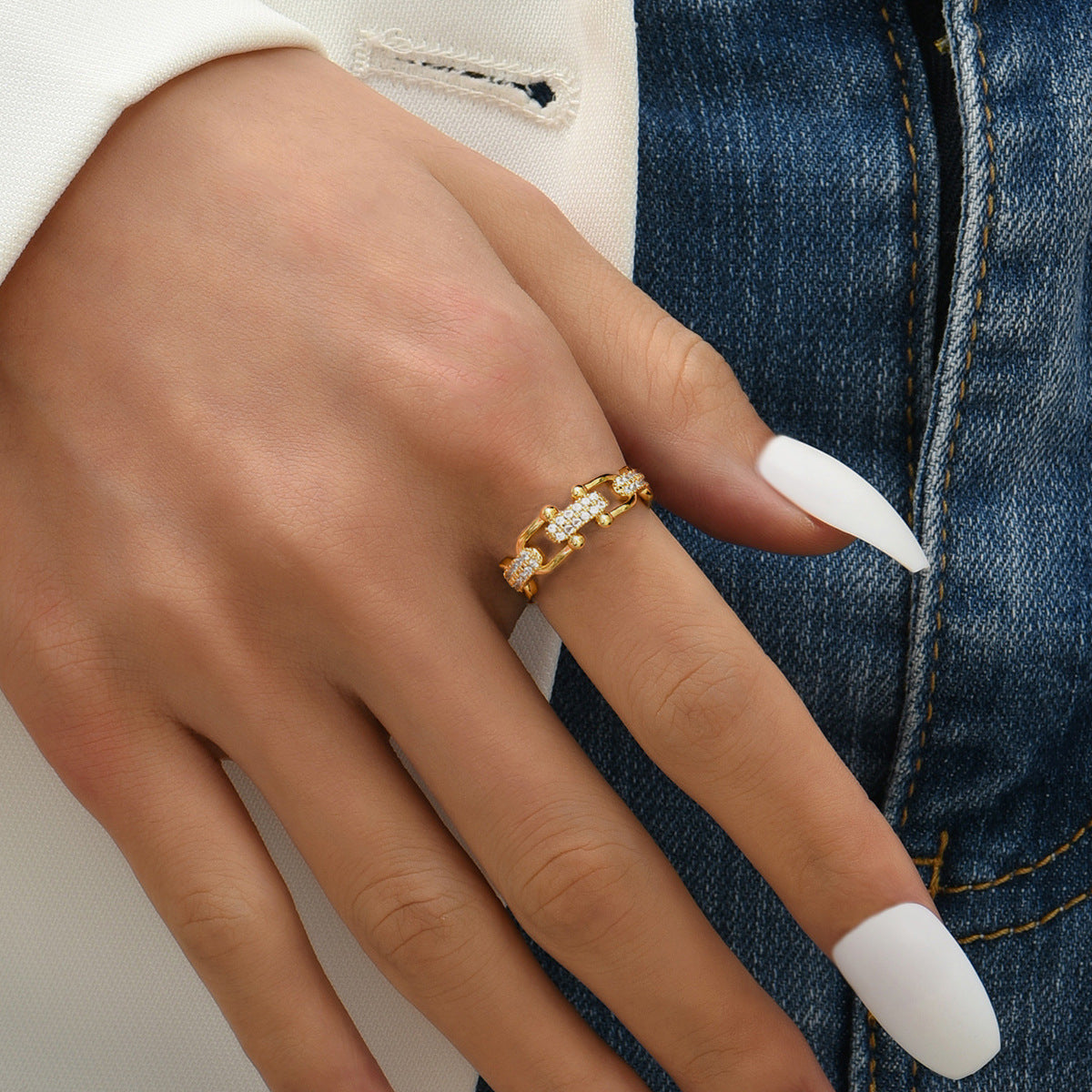 Elegant Gold Ring | Adjustable Open-Ended Design with Diamond Simulants 1