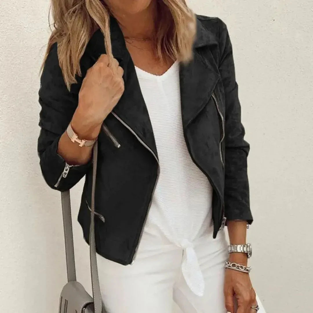 Faux Suede Moto Jacket | Asymmetrical Zip with Tailored Fit 2