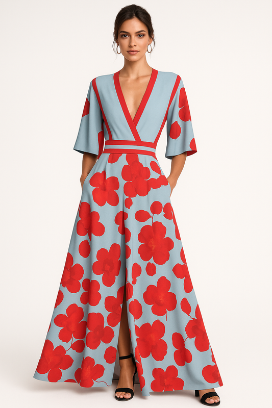 Floral V-Neck Maxi Dress with Pockets 0