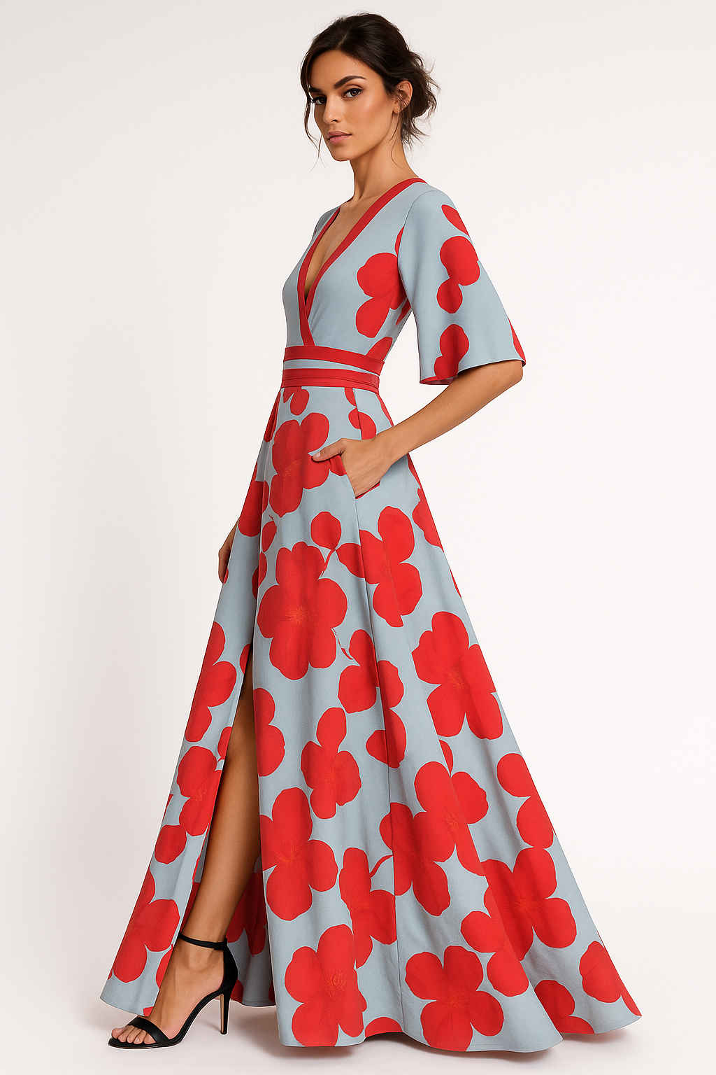 Floral V-Neck Maxi Dress with Pockets 1