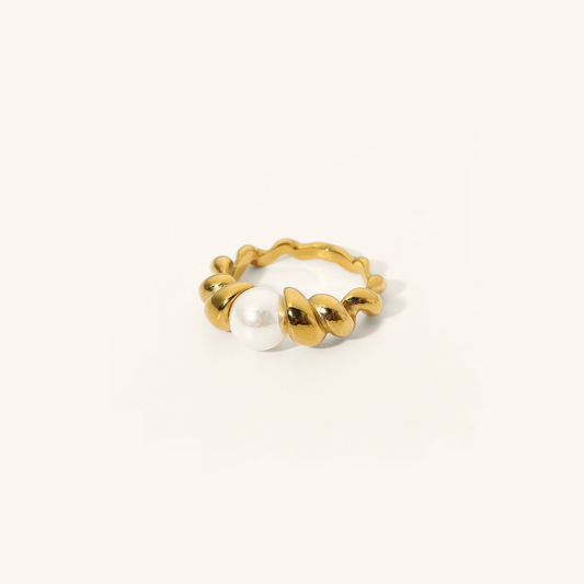 Freshwater Pearl Ring | Textured 18k Gold Band with Hypoallergenic Design 0