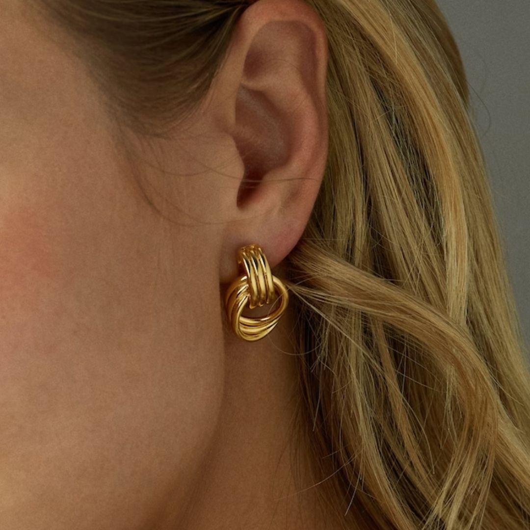 Gold Hoop Earrings | 18k Waterproof Layered Design with Linked Hoops 3