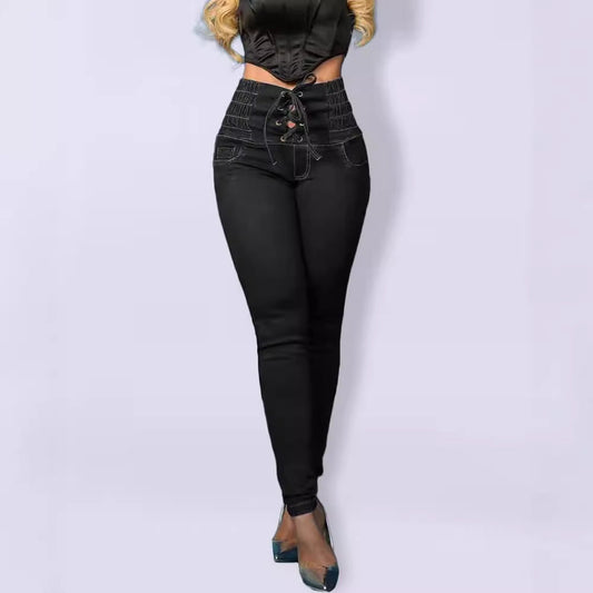 High-Waisted Jeggings | Unique Lace-Up Design for Modern Style 0