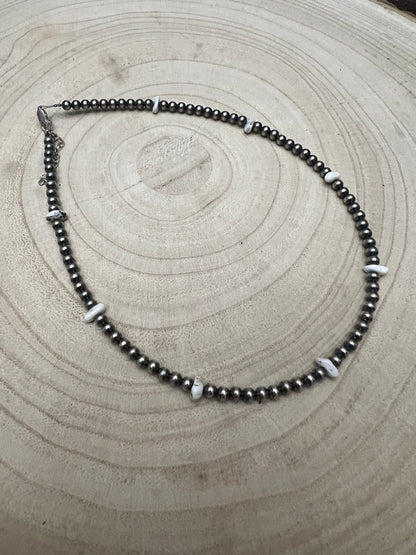 4mm White Buffalo and Sterling Pearl Choker - 14 inch