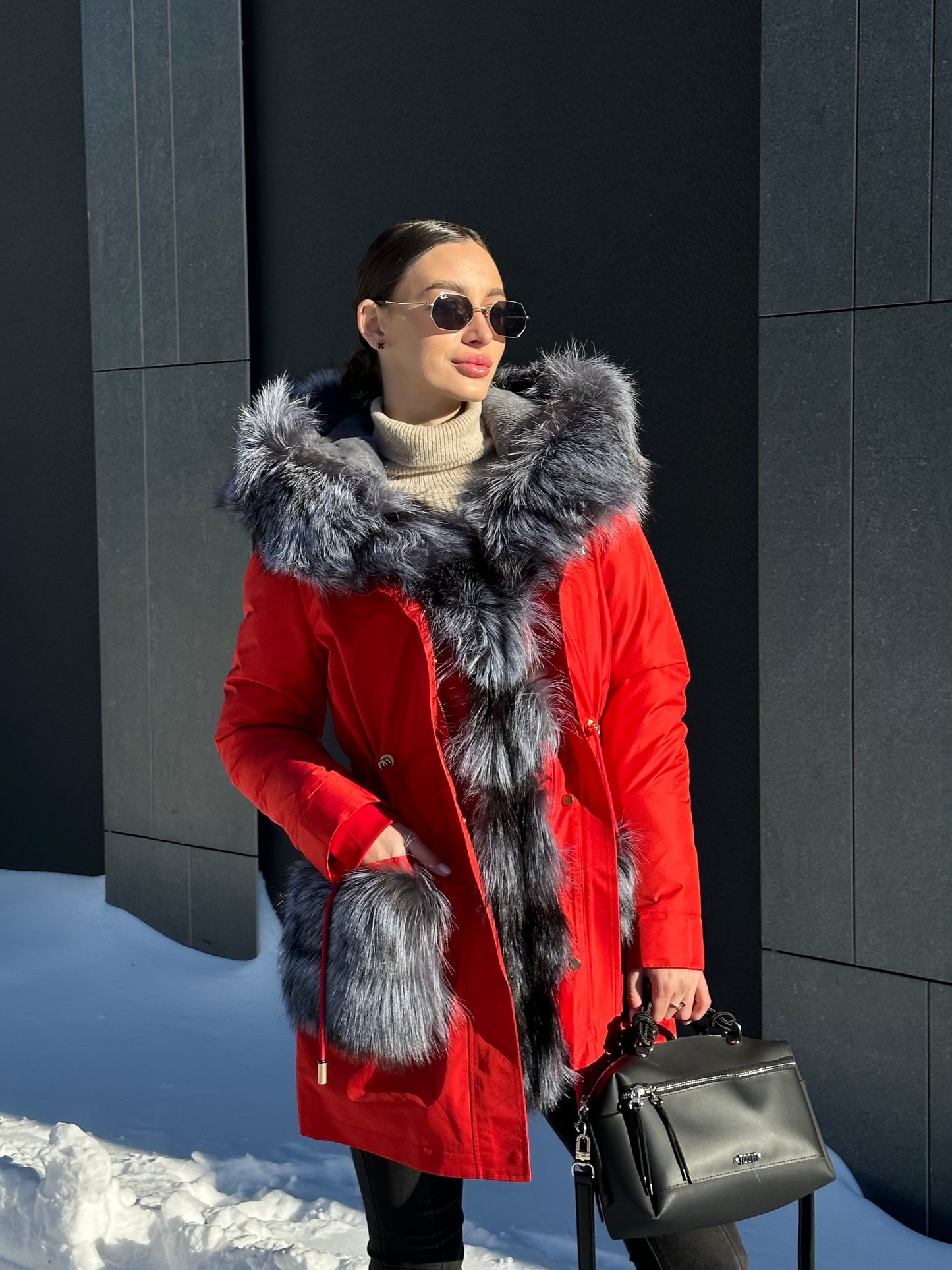 Roma Genuine Silver Fox Fur Rabbit Fur Insulated Parka in Red