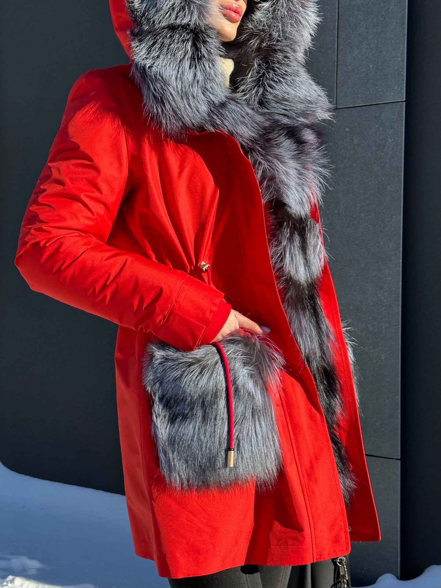 Roma Genuine Silver Fox Fur Rabbit Fur Insulated Parka in Red