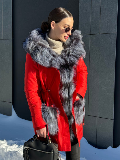 Roma Genuine Silver Fox Fur Rabbit Fur Insulated Parka in Red
