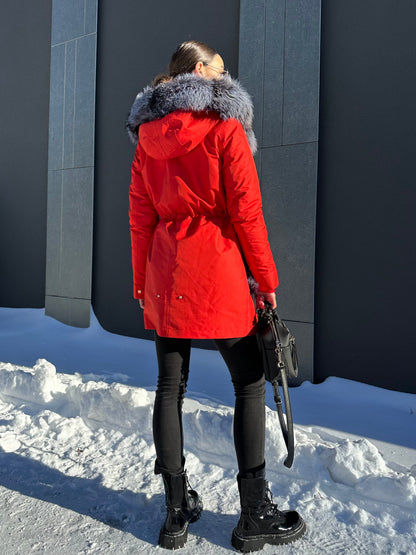 Roma Genuine Silver Fox Fur Rabbit Fur Insulated Parka in Red