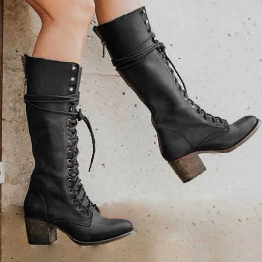 Knee High Boots for Women | Stylish PU Leather with Chunky Heel and Lace-Up Detail 0