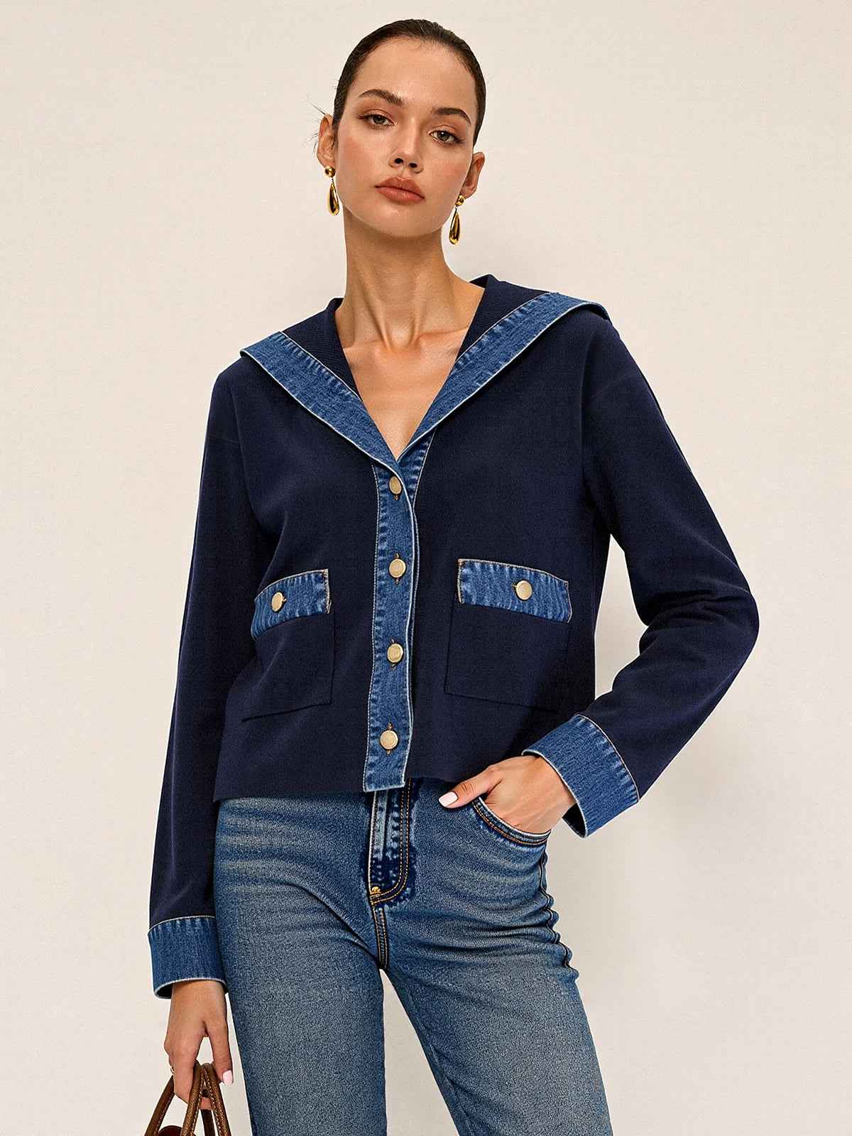 Knit Outerwear | Denim Sailor Collar Long Sleeve with Medium Stretch 5