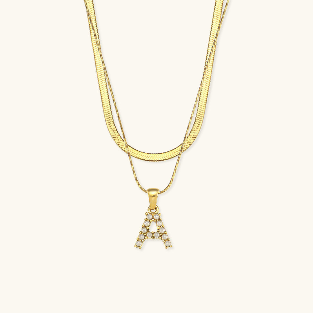Layered Initial Letter Necklace | 18k Gold with Freshwater Pearls 0
