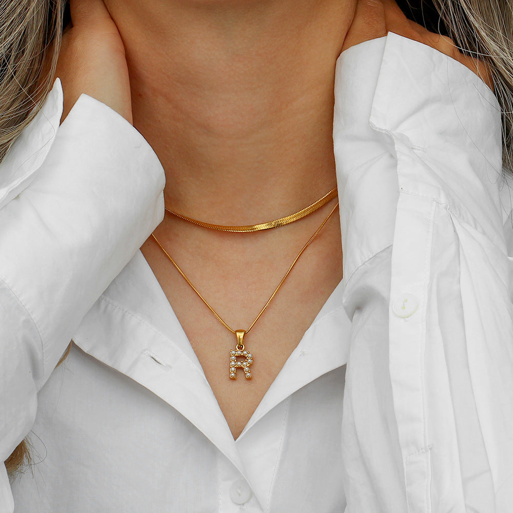 Layered Initial Letter Necklace | 18k Gold with Freshwater Pearls 1