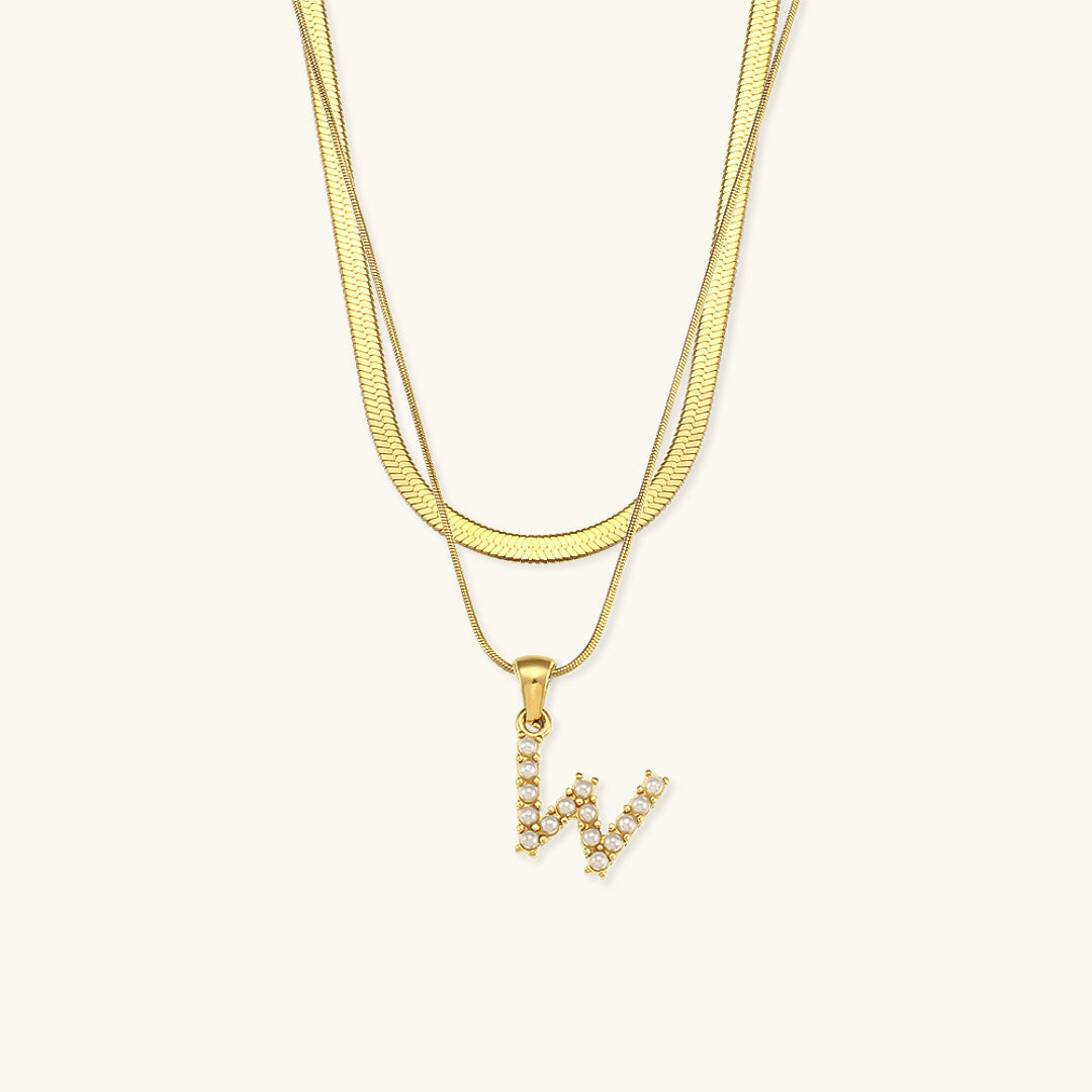 Layered Initial Letter Necklace | 18k Gold with Freshwater Pearls 10