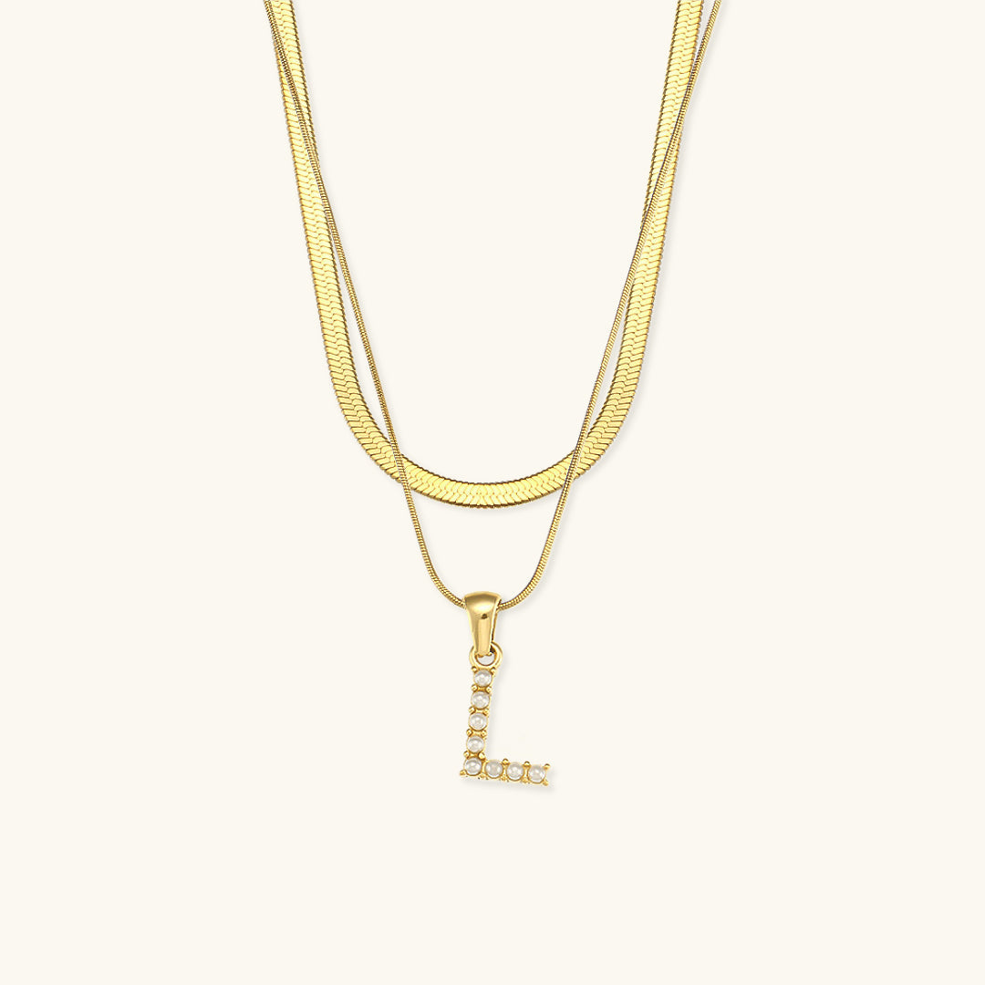 Layered Initial Letter Necklace | 18k Gold with Freshwater Pearls 11