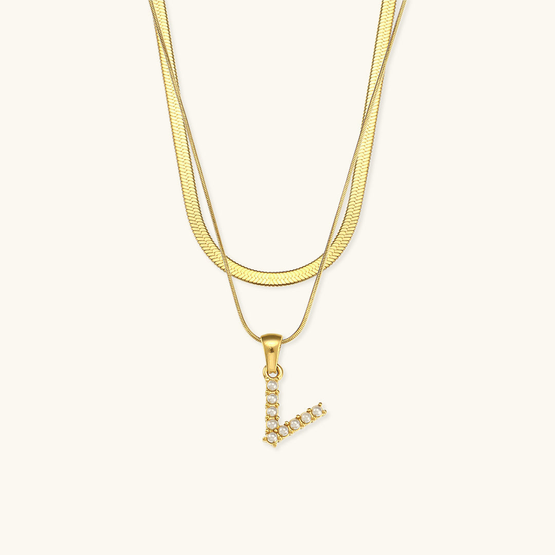 Layered Initial Letter Necklace | 18k Gold with Freshwater Pearls 12