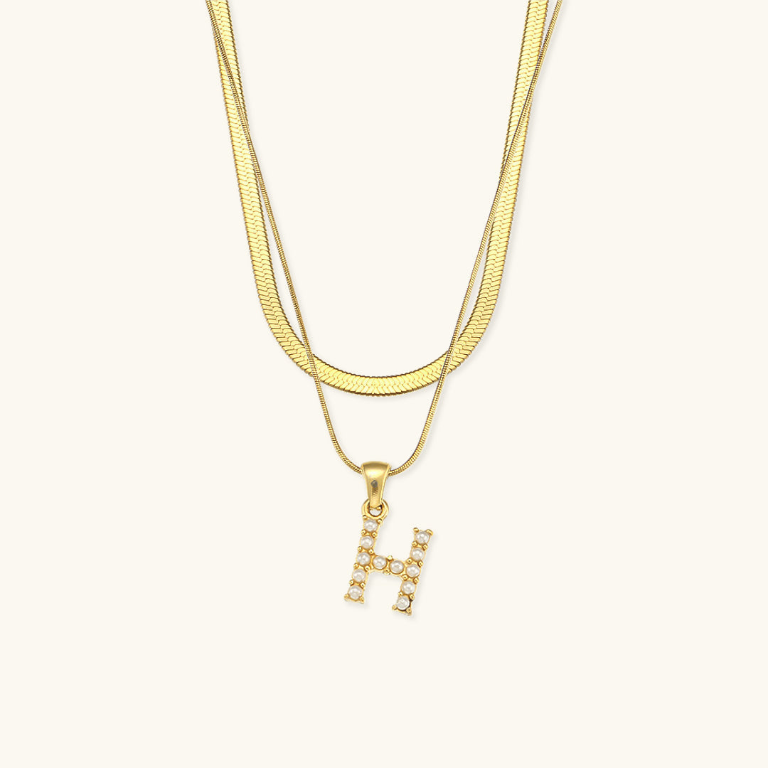 Layered Initial Letter Necklace | 18k Gold with Freshwater Pearls 13