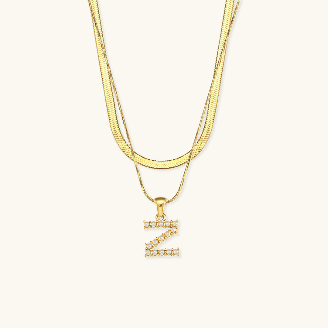 Layered Initial Letter Necklace | 18k Gold with Freshwater Pearls 14