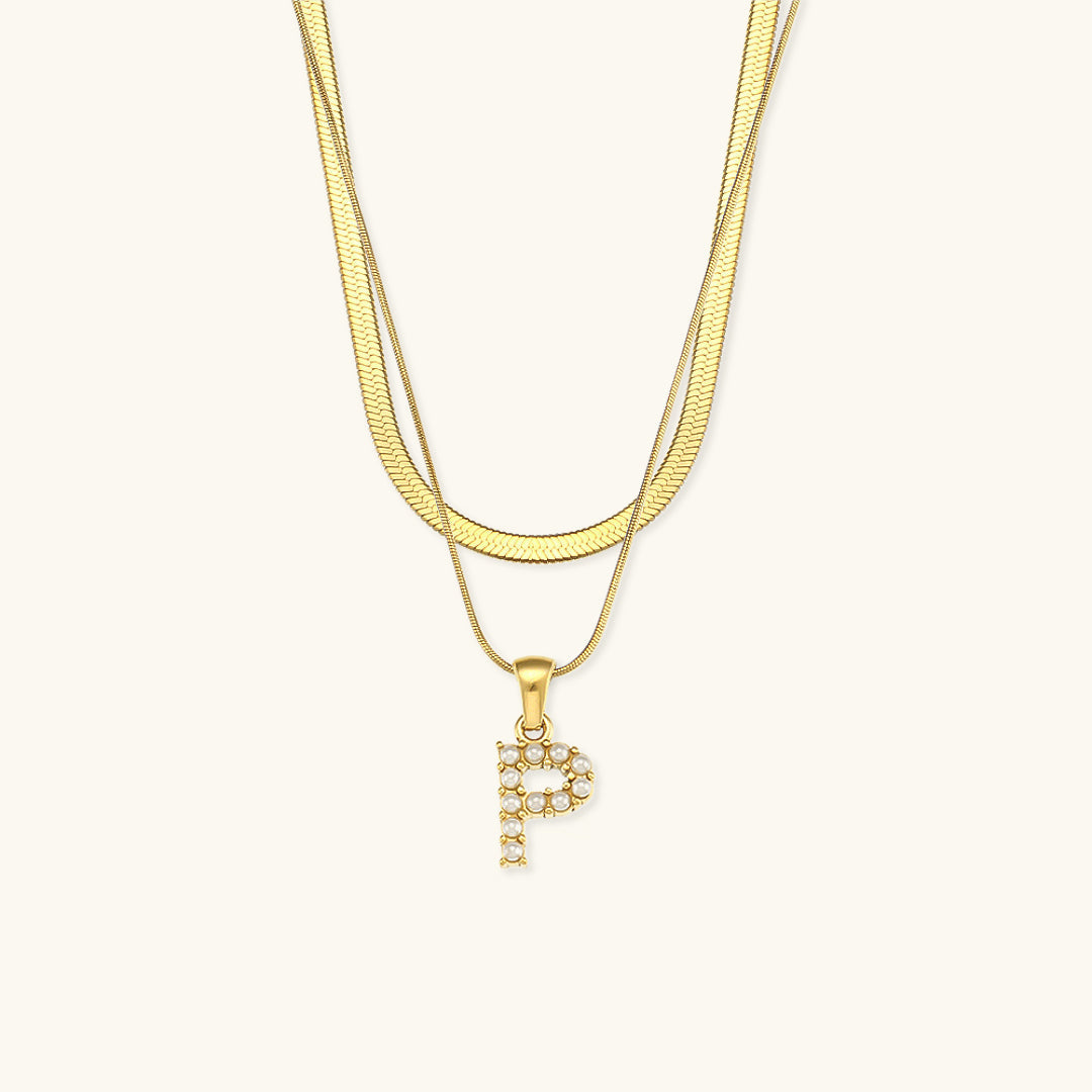 Layered Initial Letter Necklace | 18k Gold with Freshwater Pearls 15