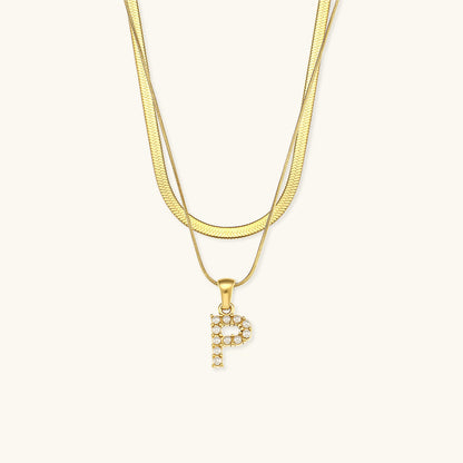 Layered Initial Letter Necklace | 18k Gold with Freshwater Pearls 15