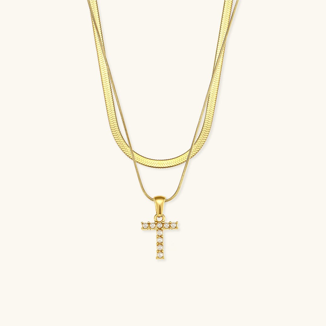 Layered Initial Letter Necklace | 18k Gold with Freshwater Pearls 16