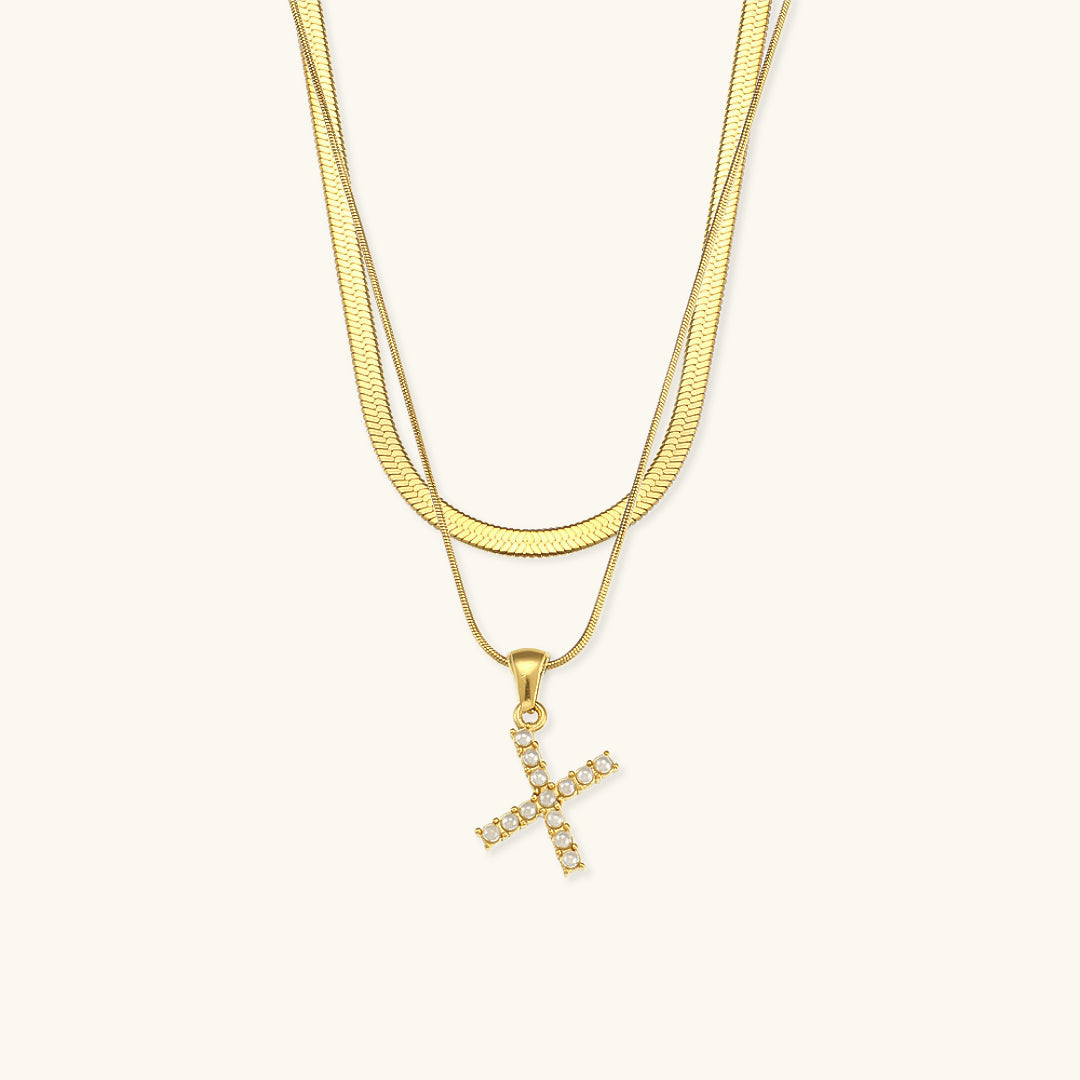 Layered Initial Letter Necklace | 18k Gold with Freshwater Pearls 17