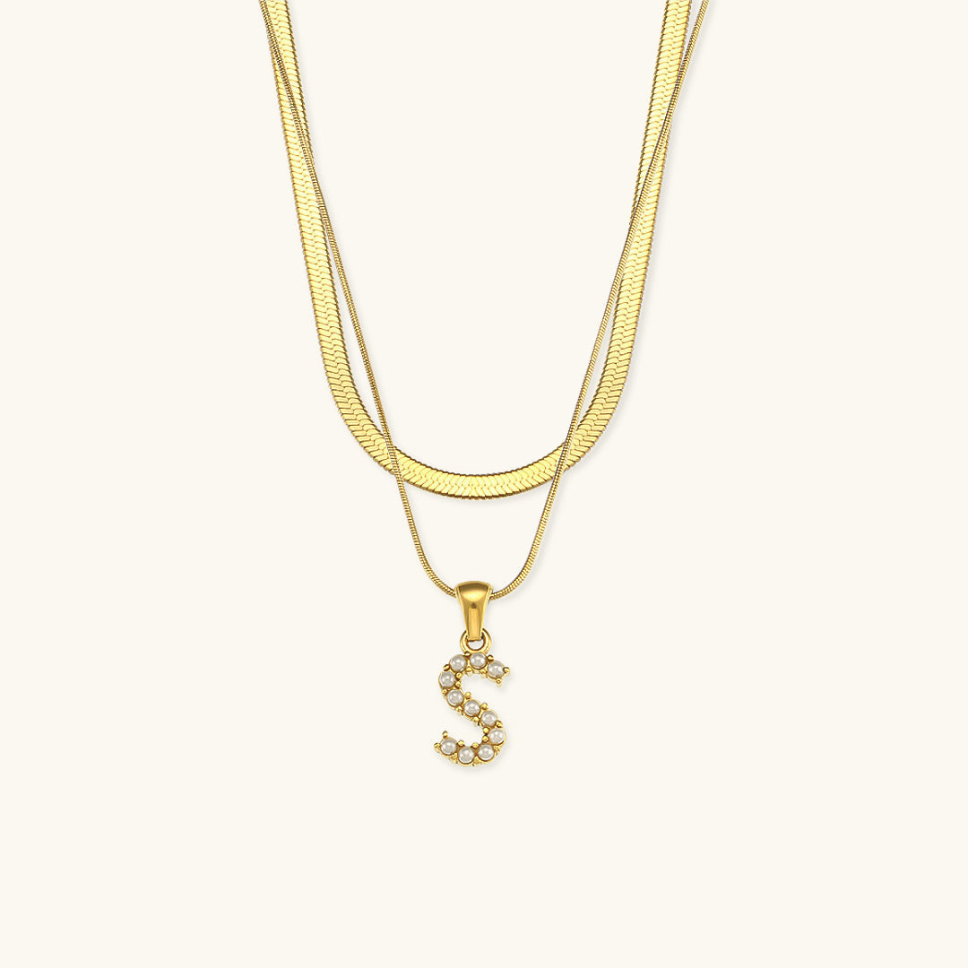 Layered Initial Letter Necklace | 18k Gold with Freshwater Pearls 19
