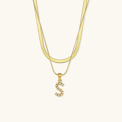 Layered Initial Letter Necklace | 18k Gold with Freshwater Pearls 19