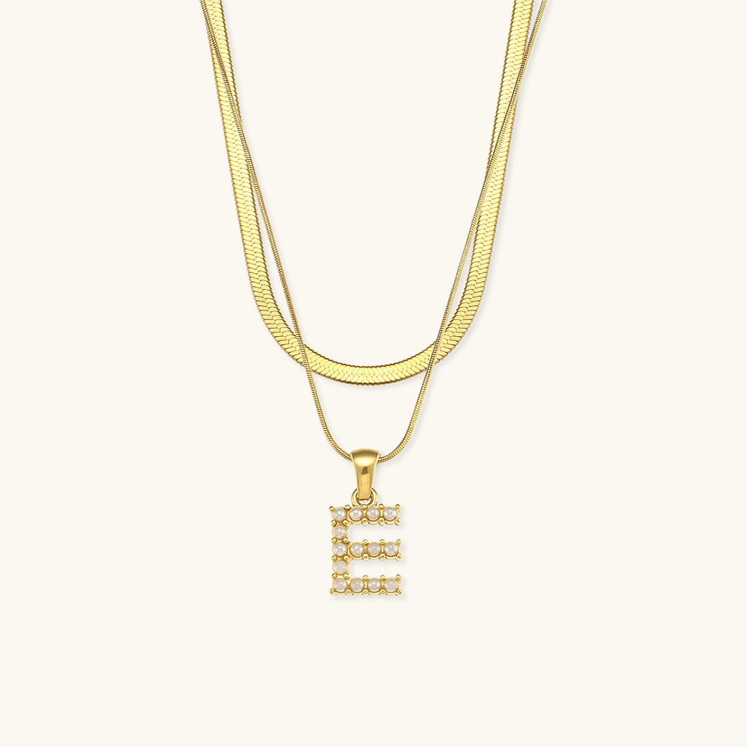 Layered Initial Letter Necklace | 18k Gold with Freshwater Pearls 20