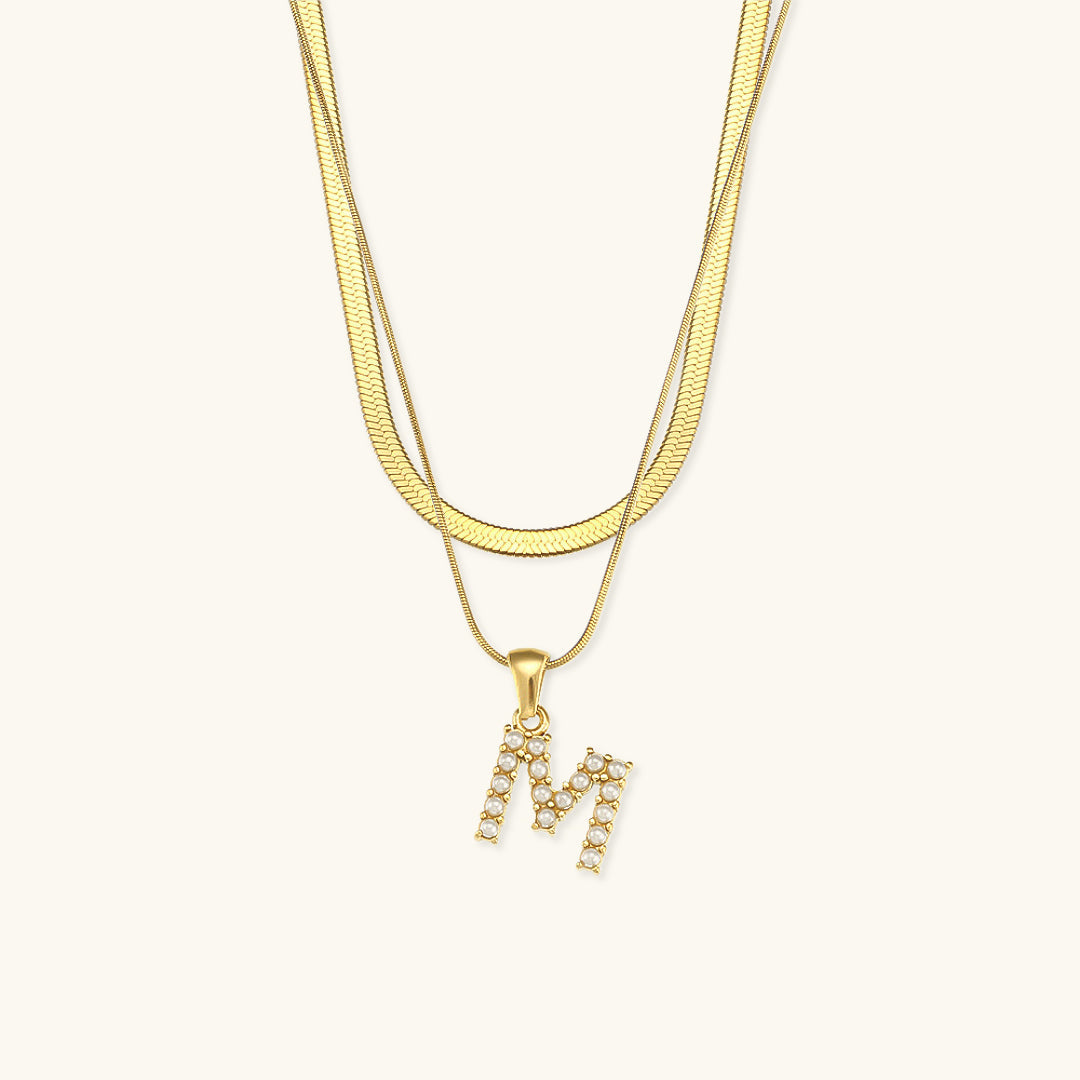 Layered Initial Letter Necklace | 18k Gold with Freshwater Pearls 21