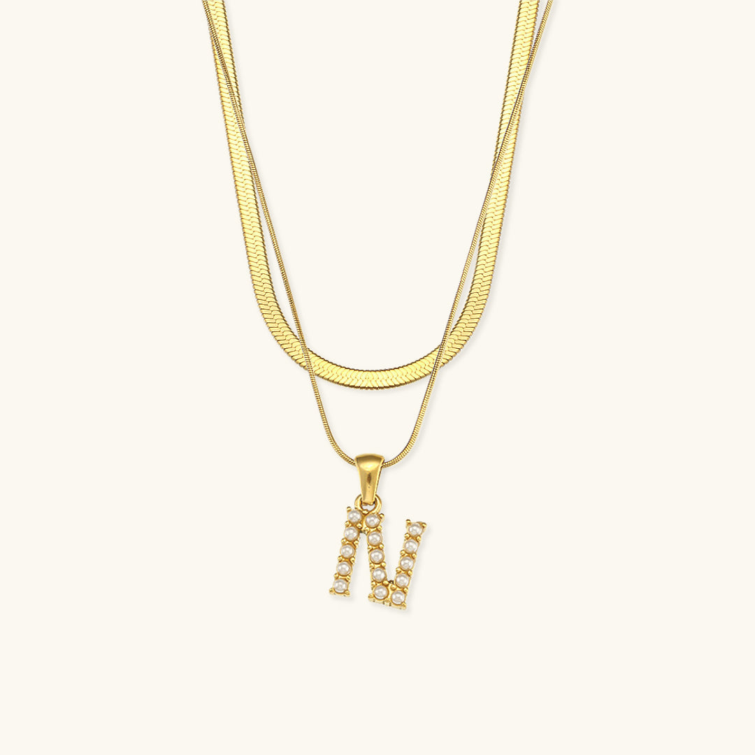 Layered Initial Letter Necklace | 18k Gold with Freshwater Pearls 22