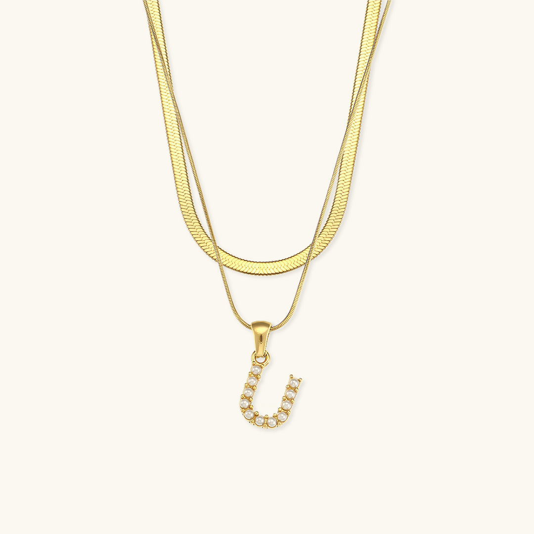 Layered Initial Letter Necklace | 18k Gold with Freshwater Pearls 23