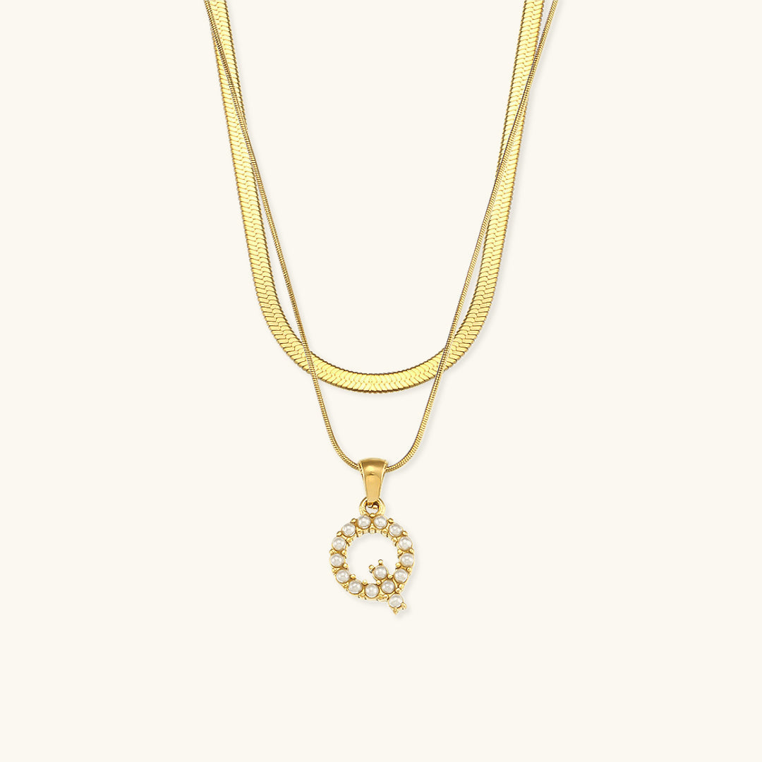 Layered Initial Letter Necklace | 18k Gold with Freshwater Pearls 24