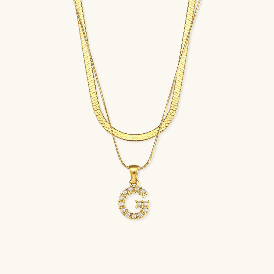 Layered Initial Letter Necklace | 18k Gold with Freshwater Pearls 25