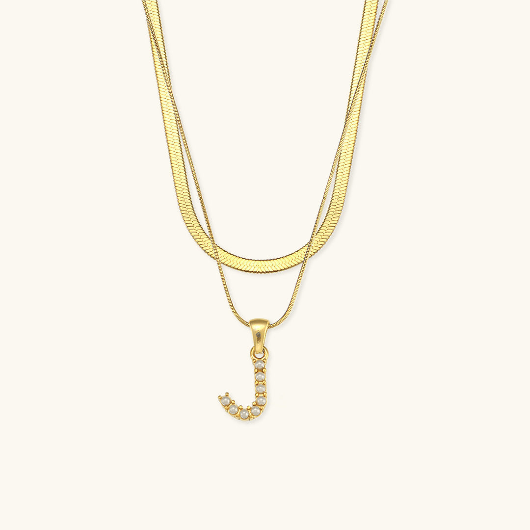 Layered Initial Letter Necklace | 18k Gold with Freshwater Pearls 26