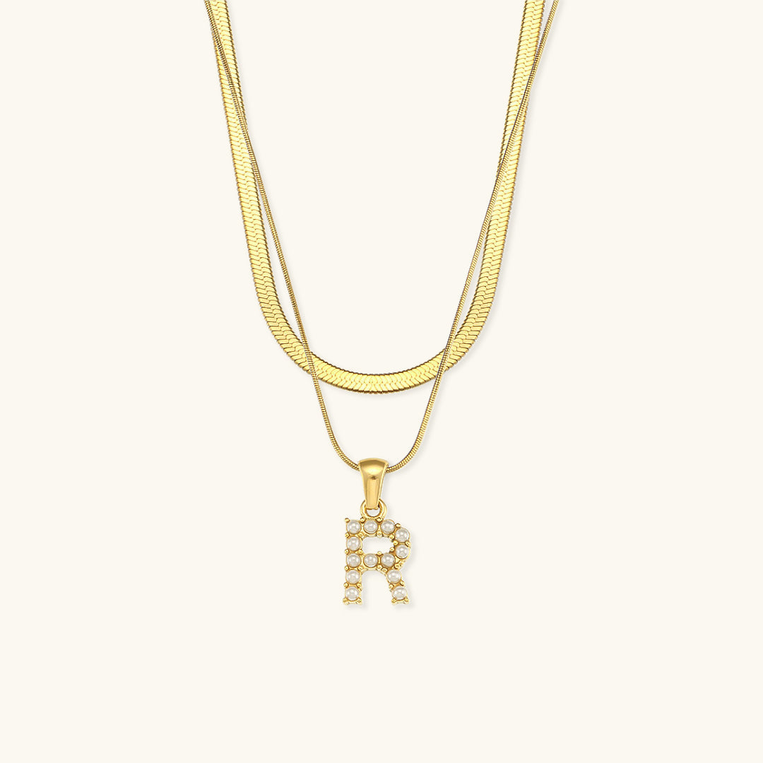 Layered Initial Letter Necklace | 18k Gold with Freshwater Pearls 27
